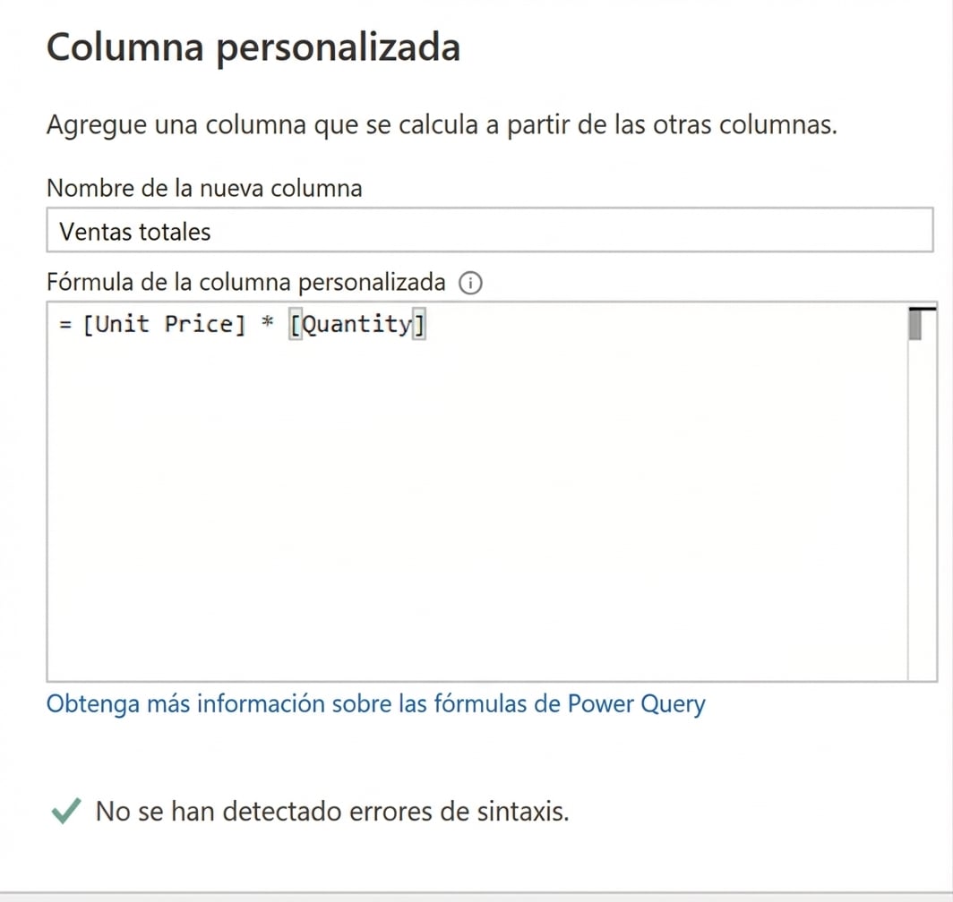 Captura de la ventana de columna personalizada en Power Query, mostrando el operador multiplicación para calcular ventas totales
