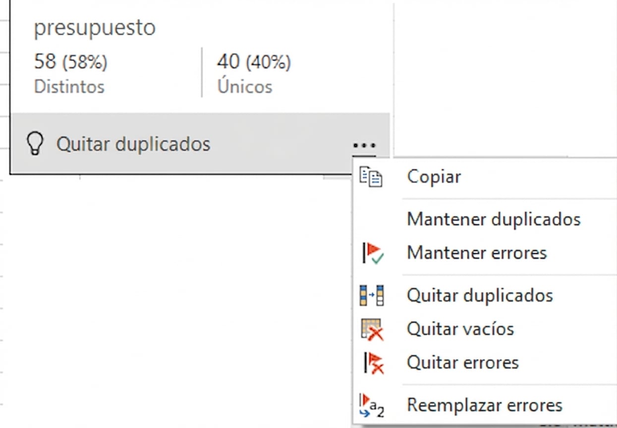 Una captura del menú contextual que aparece al pasar el cursor por la función calidad de columna