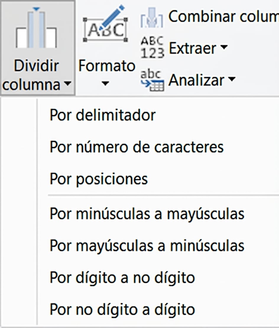 Captura de Power Query mostrando la transformación Dividir columna y sus opciones