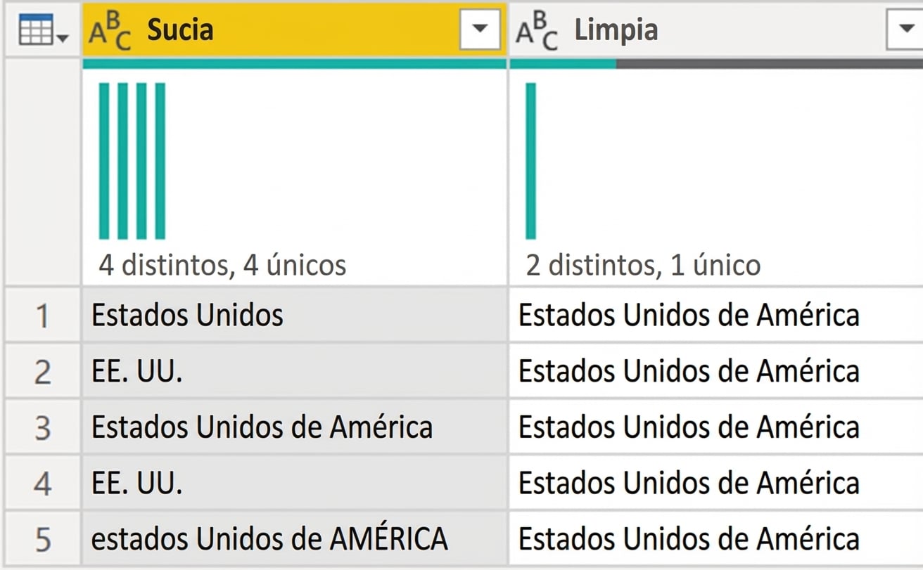 Una captura de Power Query con una tabla: una columna con datos sucios y otra con datos limpios.