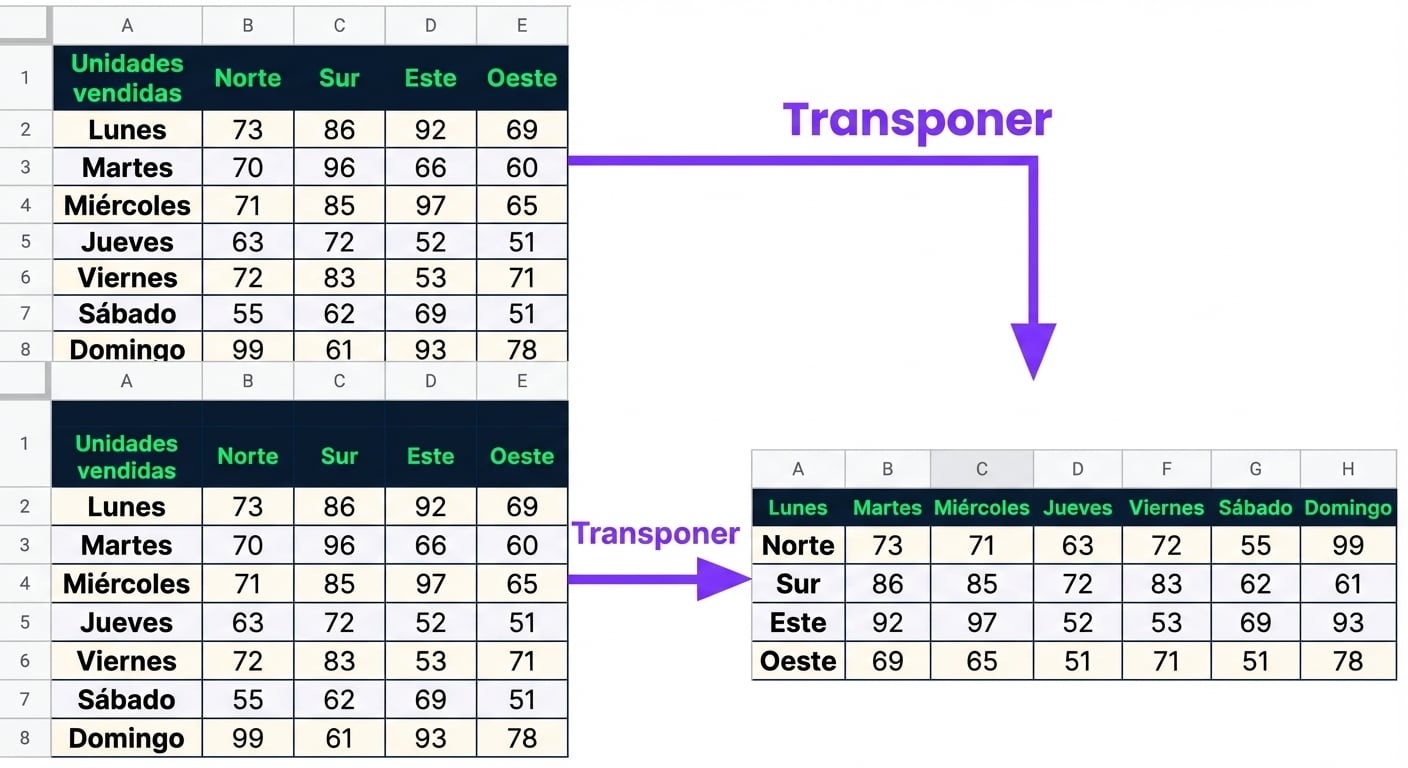Una tabla con días como primera columna y unidades vendidas en Norte, Sur, Este y Oeste como otras columnas. Tras transponer, tenemos Norte, Sur, Este y Oeste como primera columna y las unidades por día como las demás.