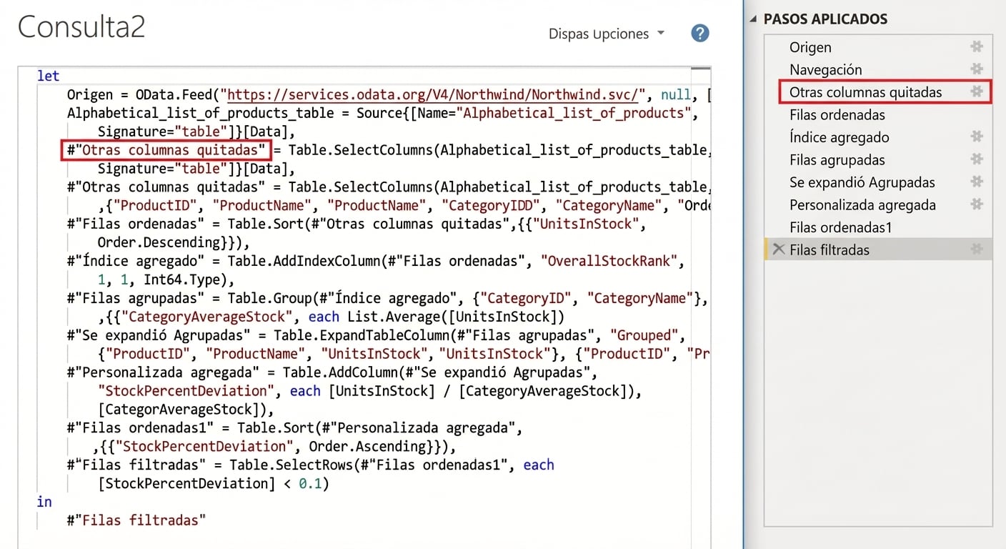 Captura del editor avanzado junto al panel de pasos aplicados de Power Query. Los pasos del editor avanzado están vinculados a los pasos aplicados