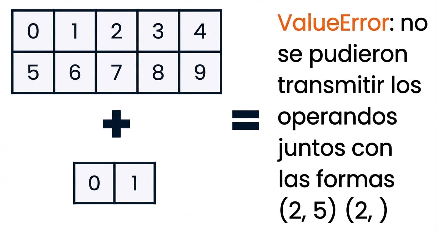Un gráfico que muestra que sumar un array de forma (2, 5) con uno de forma (2,) genera un ValueError.
