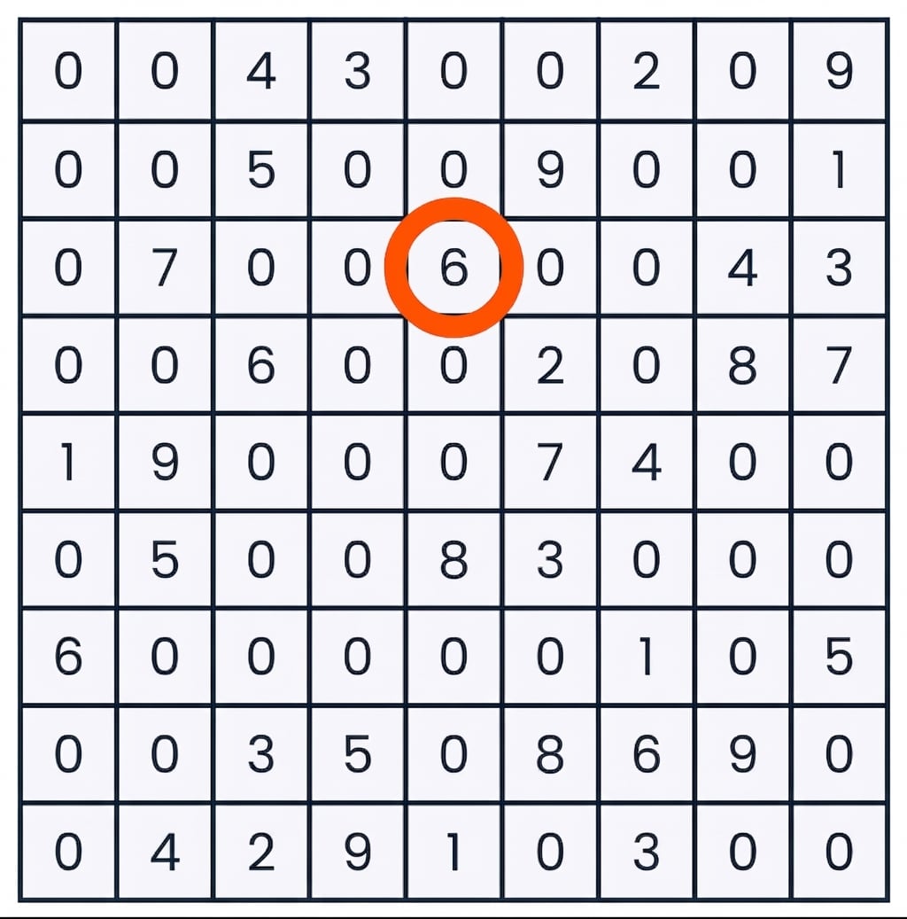 Un sudoku con un único número seleccionado en la tercera fila y quinta columna
