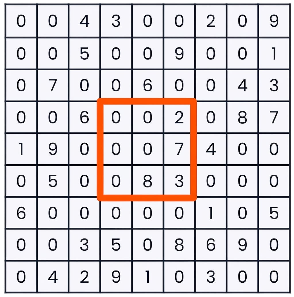 Un sudoku con las nueve casillas centrales seleccionadas: columnas 4 a 6 y filas 4 a 6