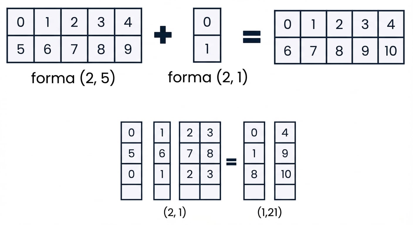 Un gráfico que muestra un array de forma (2, 5) y otro de forma (2, 1) siendo sumados