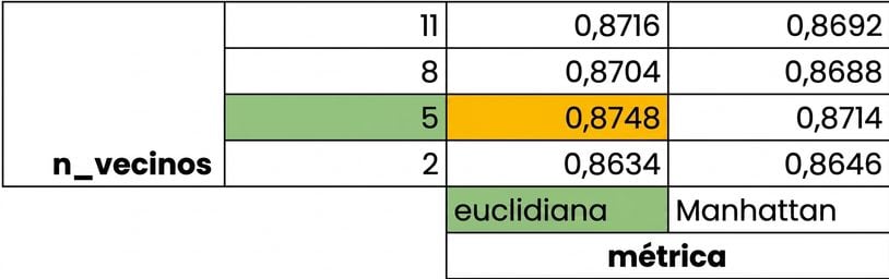 5 vecinos y resaltado de la métrica euclídea, con una puntuación de 0,8748