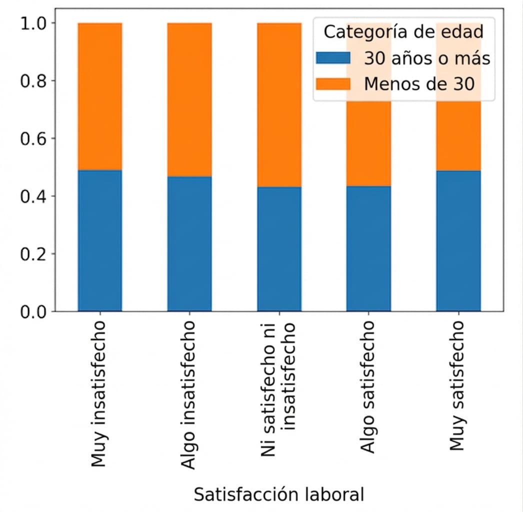 Gráfico de barras apiladas proporcionales de satisfacción laboral coloreado por categoría de edad