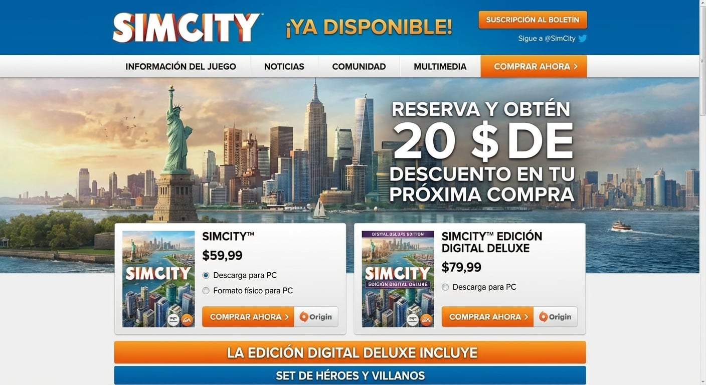 Página de SimCity con un banner que dice "reserva y obtén $20 de descuento en tu próxima compra"