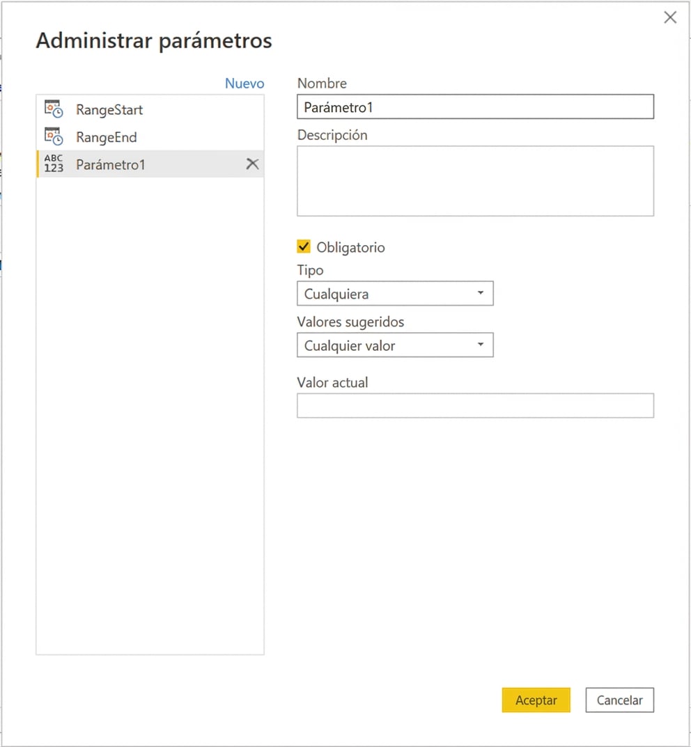 Ventana de configuración de parámetros
