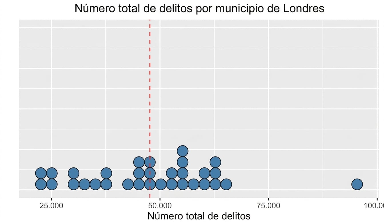 Un gráfico de puntos de 75 puntos de datos con una línea roja en el centro que representa la media