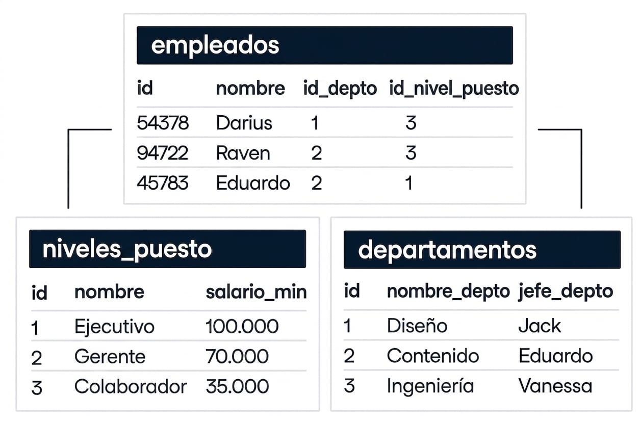 Imagen que muestra tres tablas de una base de datos. Una tabla se llama employees (empleados) y muestra una relación con otras dos tablas, job_levels (niveles de trabajo) y departments (departamentos).