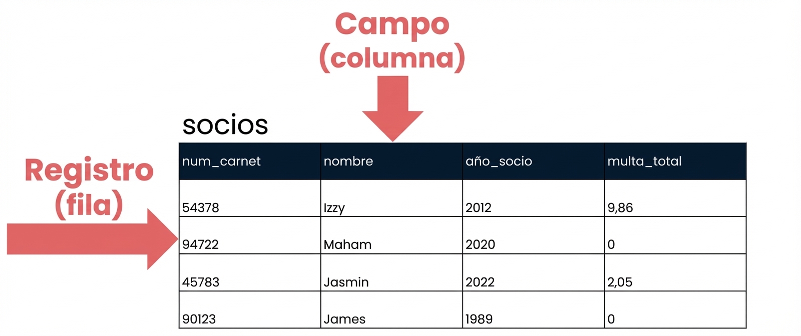 la tabla de clientes con registros y campos identificados