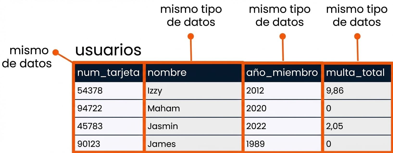 la tabla de clientes con cada campo resaltado e indicando que cada uno es un tipo de dato
