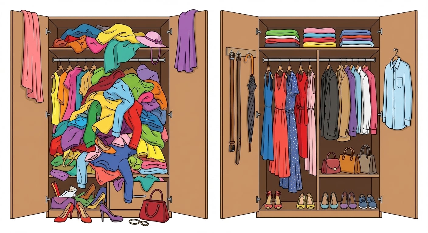 Una ilustración que muestra dos armarios uno al lado del otro, el de la izquierda tiene un montón de ropa desordenada mientras que el de la derecha muestra un armario organizado.