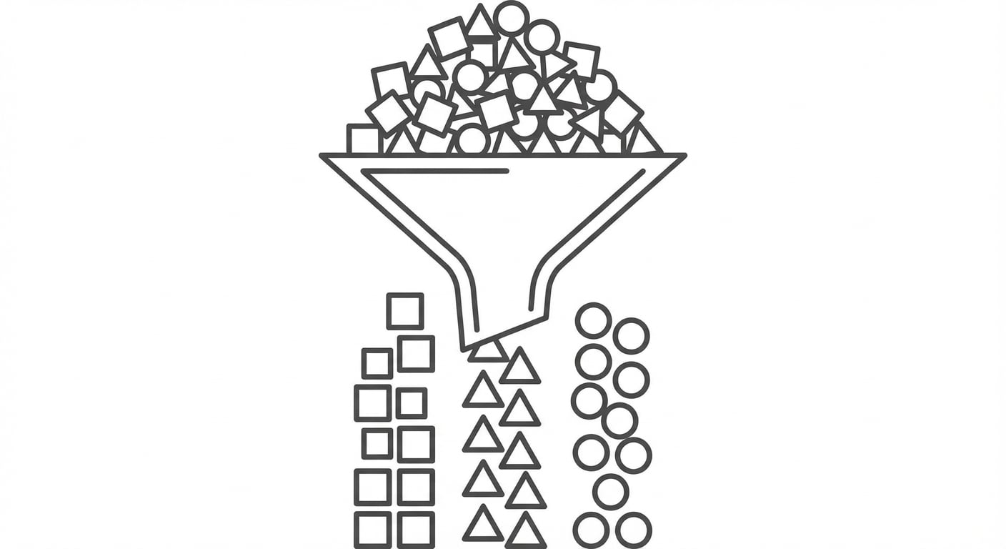 Ilustración que muestra un embudo lleno con diferentes formas que se canalizan en tres categorías: cuadrados, círculos y triángulos