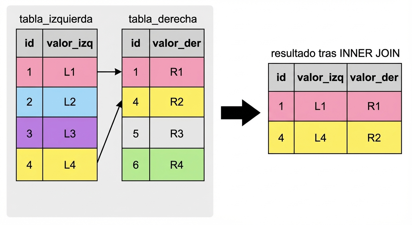 Diagrama que muestra dos tablas: tabla_izq y tabla_der. El resultado de unir las dos consultas se muestra a la derecha, y se devuelven solo los registros coincidentes en la columna id de ambas tablas.