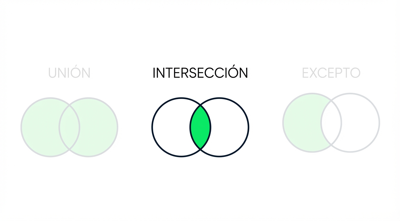 Imagen que muestra tres diagramas de Venn, con dos atenuados. Solo el diagrama con INTERSECT está enfocado. El diagrama de INTERSECT tiene dos círculos superpuestos. Solo la parte superpuesta está coloreada en verde.