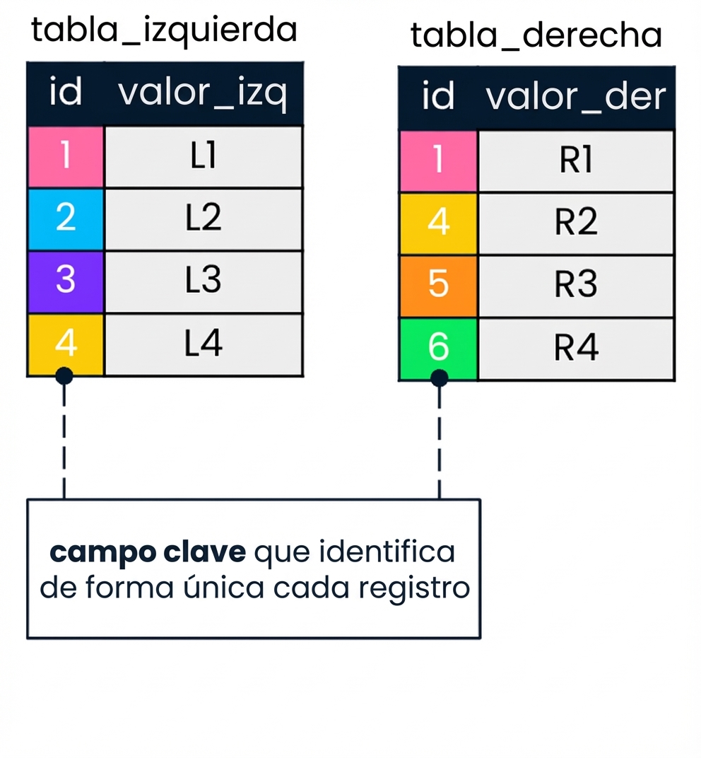 Diagrama que muestra dos tablas: tabla izquierda y tabla derecha. Los valores de id coincidentes de las tablas izquierda y derecha se muestran con los mismos colores.