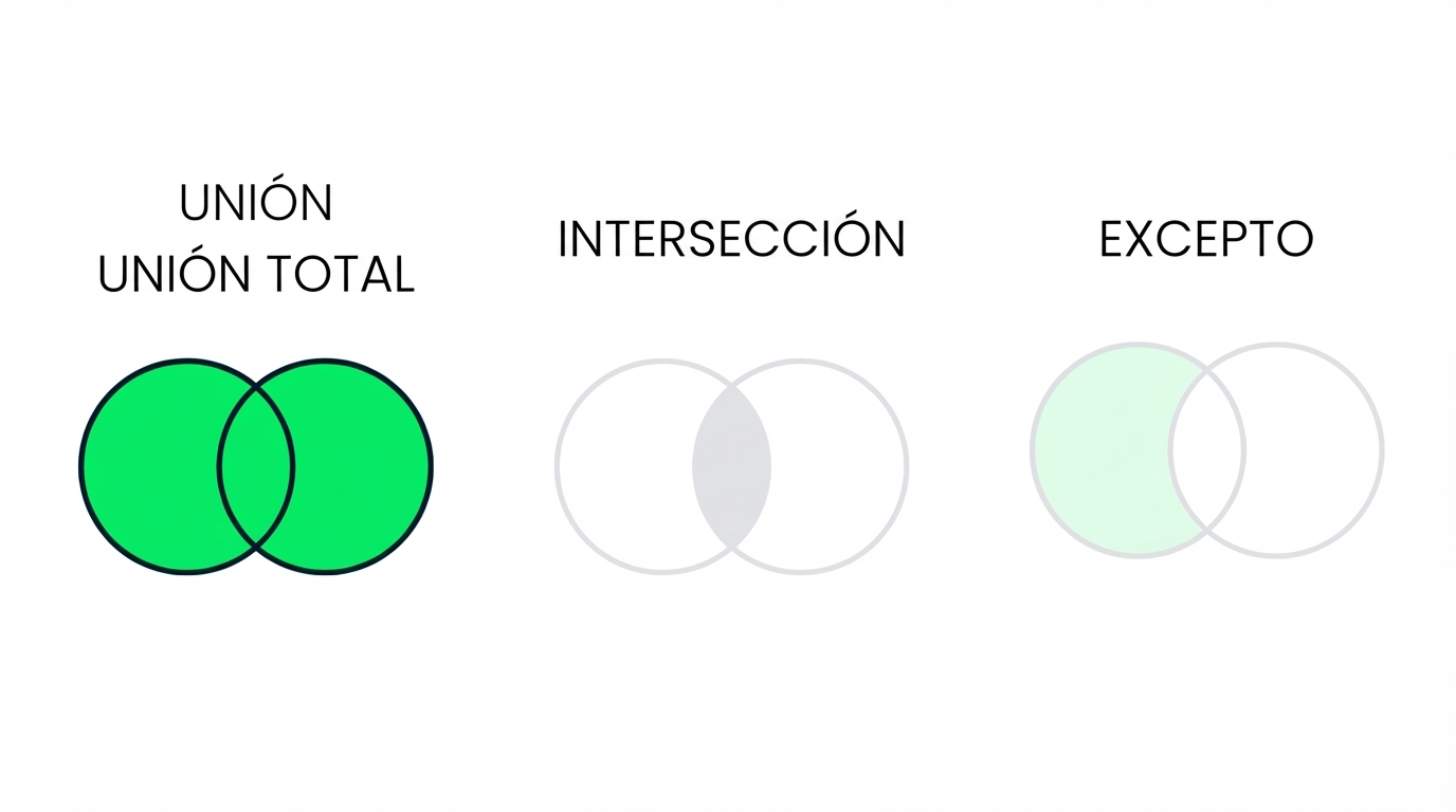 Imagen que muestra tres diagramas de Venn, con dos atenuados. Solo el diagrama de UNION está enfocado. El diagrama UNION tiene dos círculos superpuestos, totalmente coloreados en verde.
