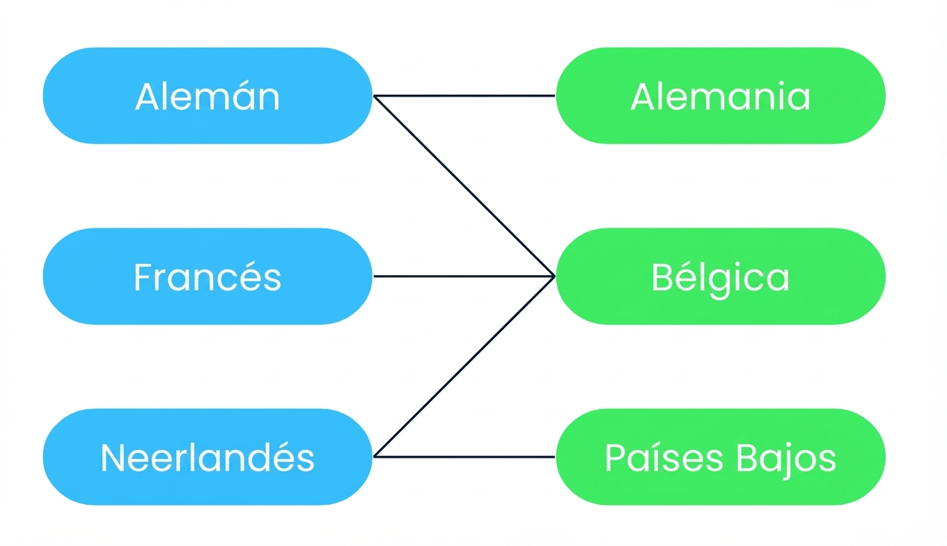 Diagrama que muestra que muchos idiomas pueden estar asociados a muchos países y muchos países pueden estar asociados a un idioma. Bélgica tiene tres idiomas oficiales: francés, alemán y neerlandés. Los idiomas pueden ser oficiales en muchos países: el neerlandés es idioma oficial en los Países Bajos y Bélgica, pero no en Alemania.