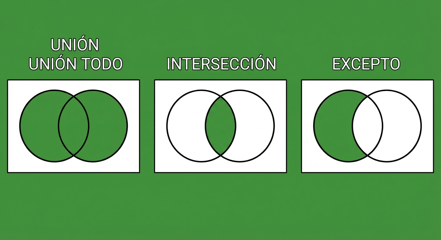 Figura que muestra tres diagramas de Venn: UNION, INTERSECT y EXCEPT. El diagrama de UNION tiene dos círculos superpuestos, totalmente coloreados en verde. Los diagramas de INTERSECT tienen dos círculos superpuestos, pero solo la parte superpuesta está coloreada en verde. El diagrama de EXCEPT solo tiene coloreada en verde la parte del círculo izquierdo que no tiene nada en común con el círculo derecho.