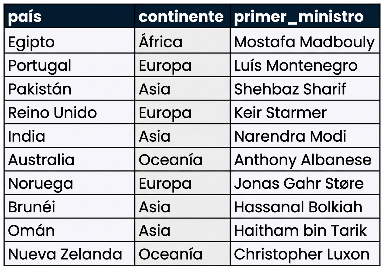 La tabla primeros_ministros de la base de datos de líderes, que contiene tres columnas: país, continente y primer_ministro.