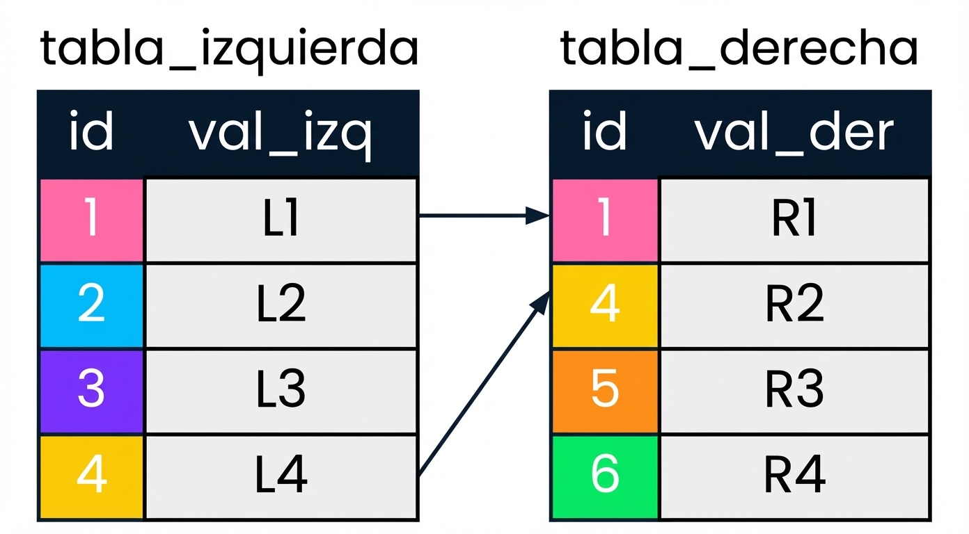 Diagrama que muestra dos tablas: tabla_izq y tabla_der. Los valores de id que coinciden en las tablas izquierda y derecha se muestran utilizando los mismos colores y están conectados con flechas.