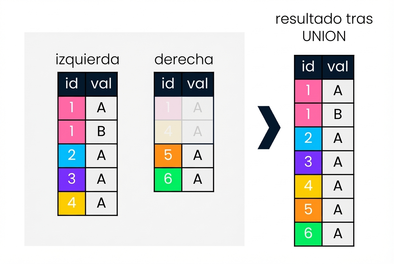 Diagrama que muestra dos tablas, izquierda y derecha. En la parte derecha del diagrama hay una ilustración de lo que ocurre cuando se realiza una operación UNION en las dos tablas.