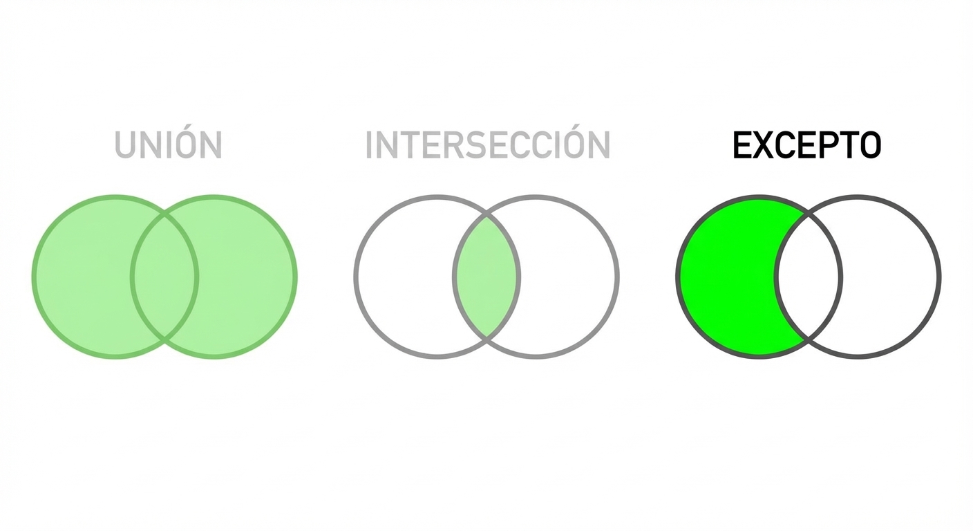 Imagen que muestra tres diagramas de Venn, con dos atenuados. Solo el diagrama de UNION está enfocado. El diagrama de UNION tiene dos círculos superpuestos, totalmente cubiertos de verde.
