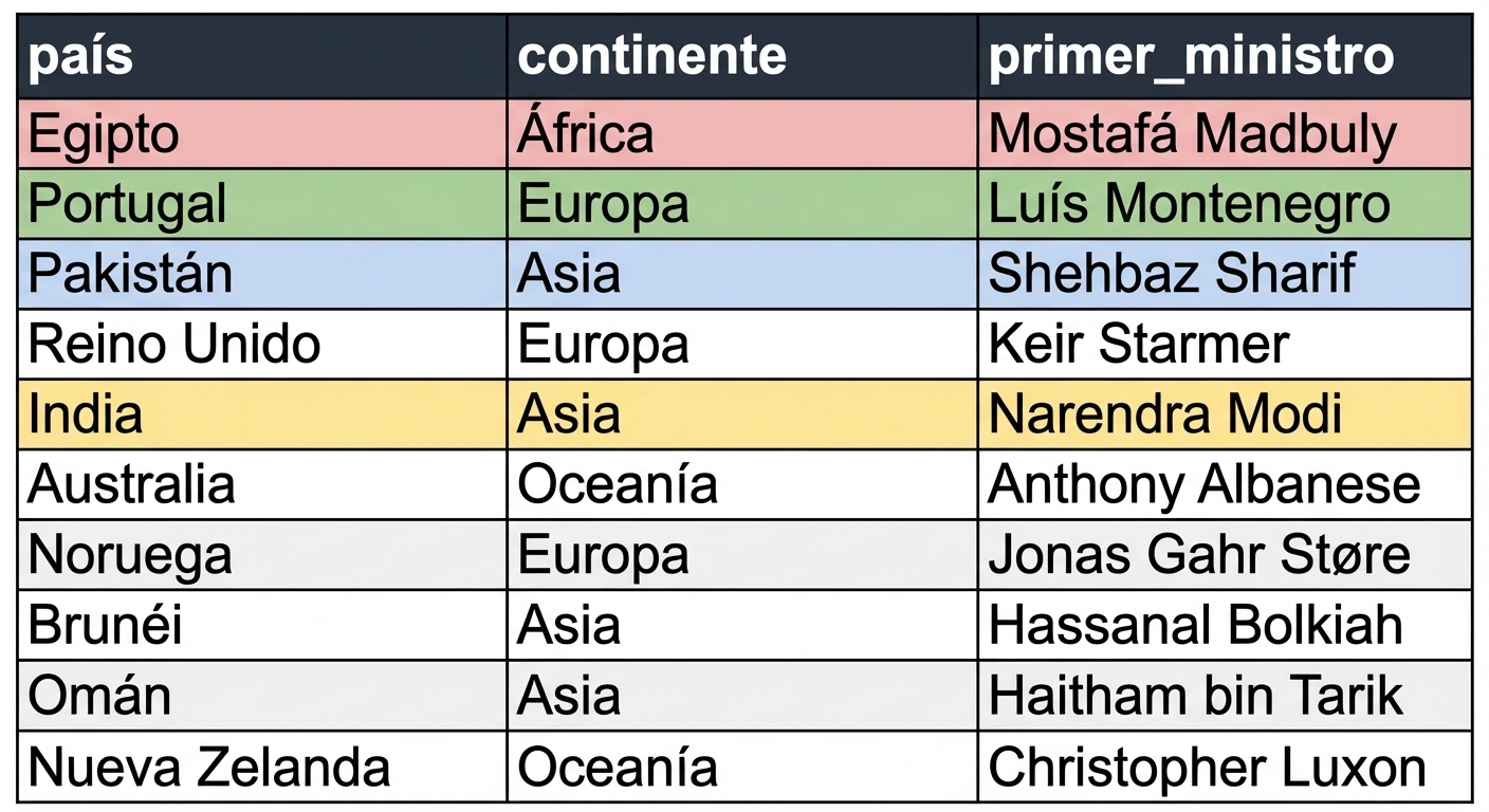 Dos tablas una al lado de la otra: presidentes y primer_ministro. Las columnas coincidentes están coloreadas en las dos tablas.