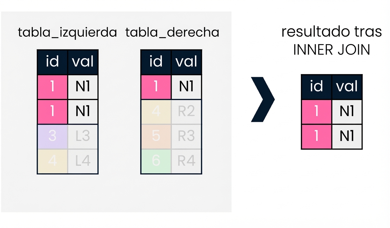 Diagrama que muestra dos tablas, izquierda y derecha. En la parte derecha del diagrama, hay una ilustración de lo que ocurre cuando se realiza una INNER JOIN en las dos tablas.