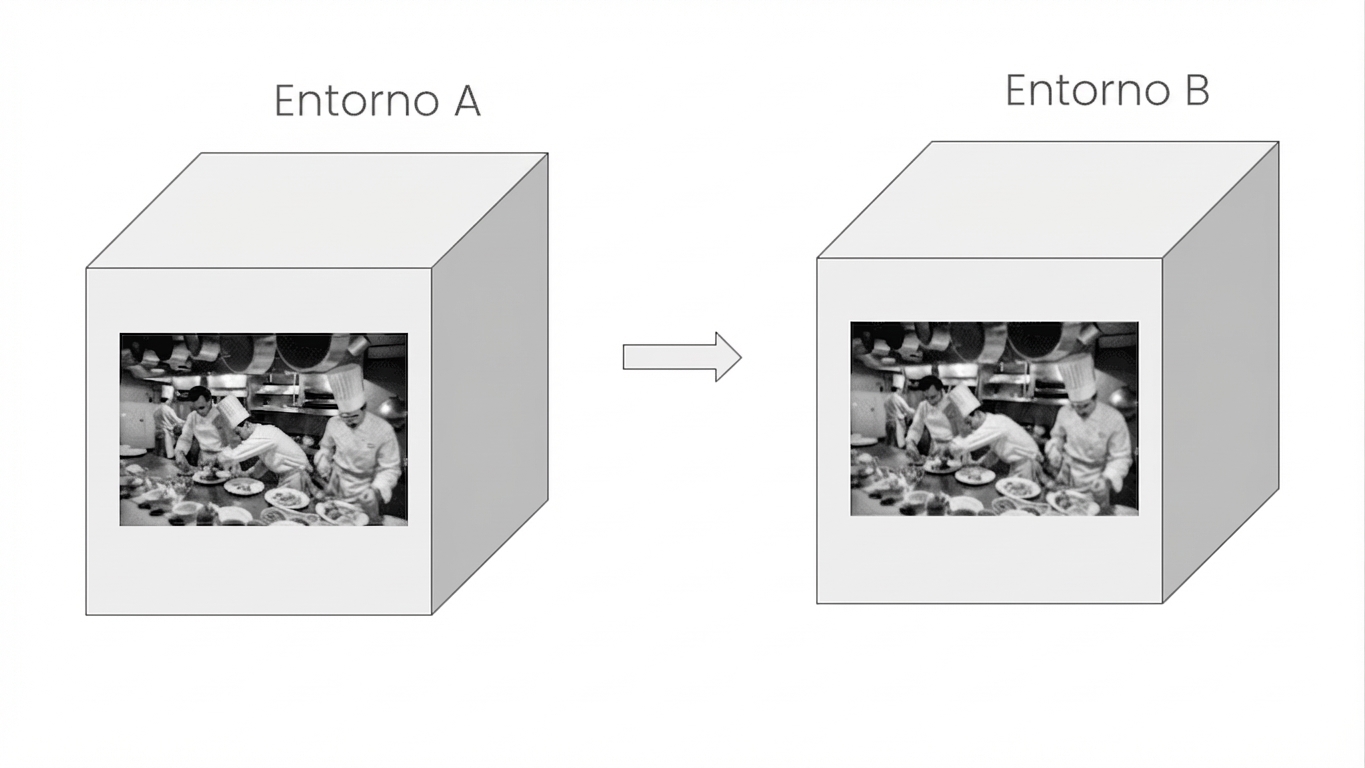 una imagen con una cocina dentro de un cubo que representa un contenedor