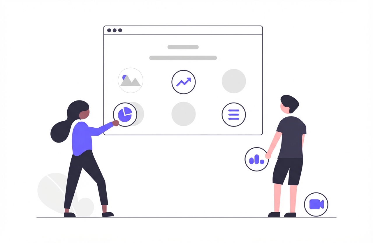 Ilustración de dos personas que suman distintos tipos de datos