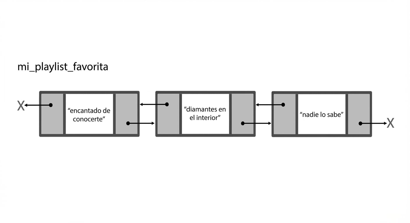 La representación de una lista doblemente enlazada.