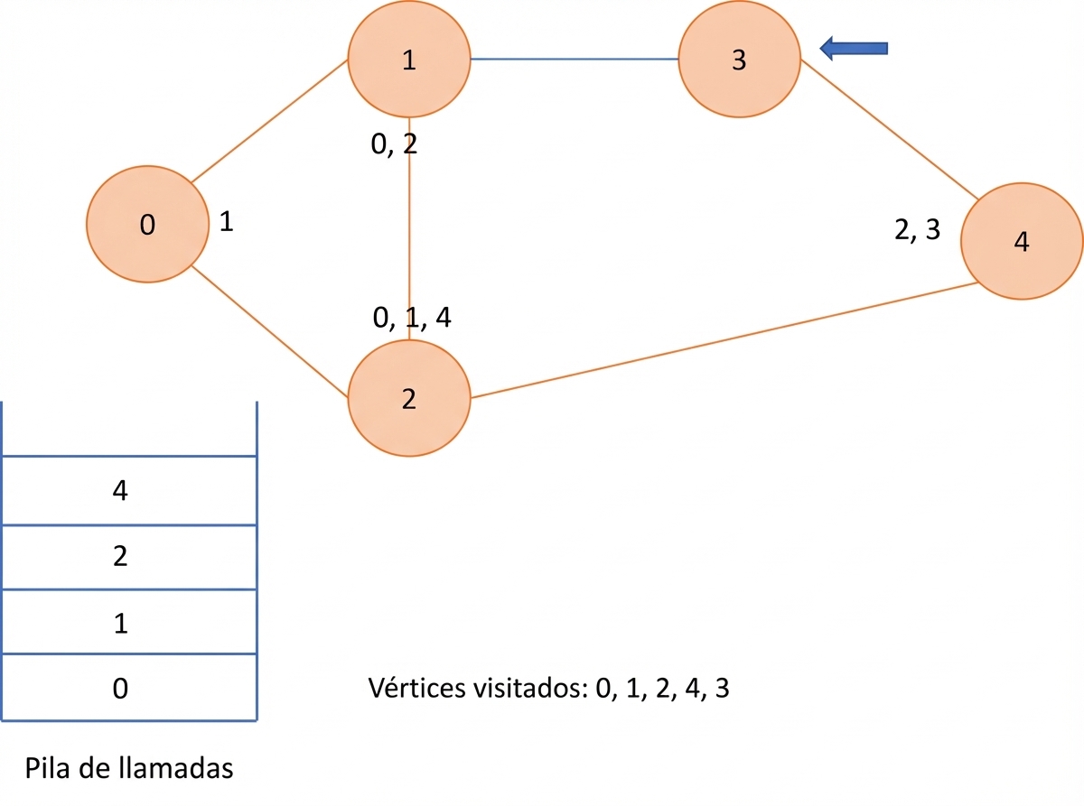 Representación gráfica de la búsqueda en profundidad en un grafo.