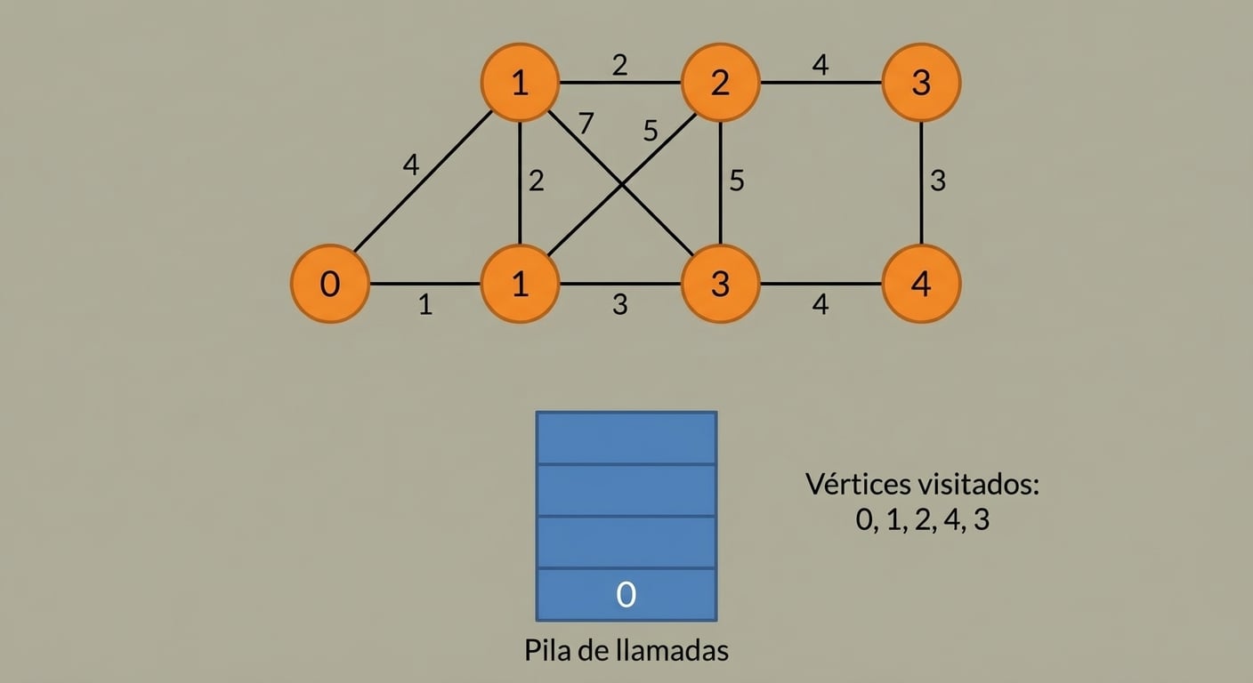 Representación gráfica de la búsqueda en profundidad en un grafo.