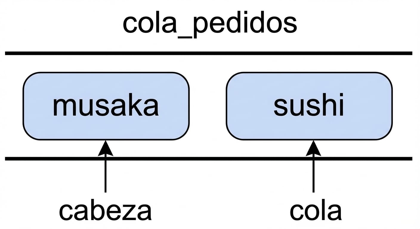 Representación esquemática de una cola con los nombres de dos platos internacionales. La palabra "head" señala el inicio de la cola y la palabra "tail" el final.