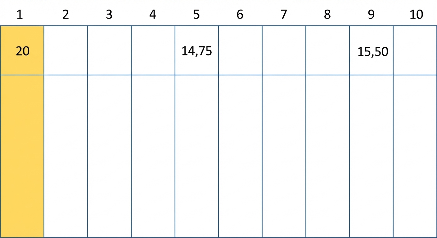 Representación esquemática de una tabla hash con algunos valores. El valor en la primera posición está en amarillo.
