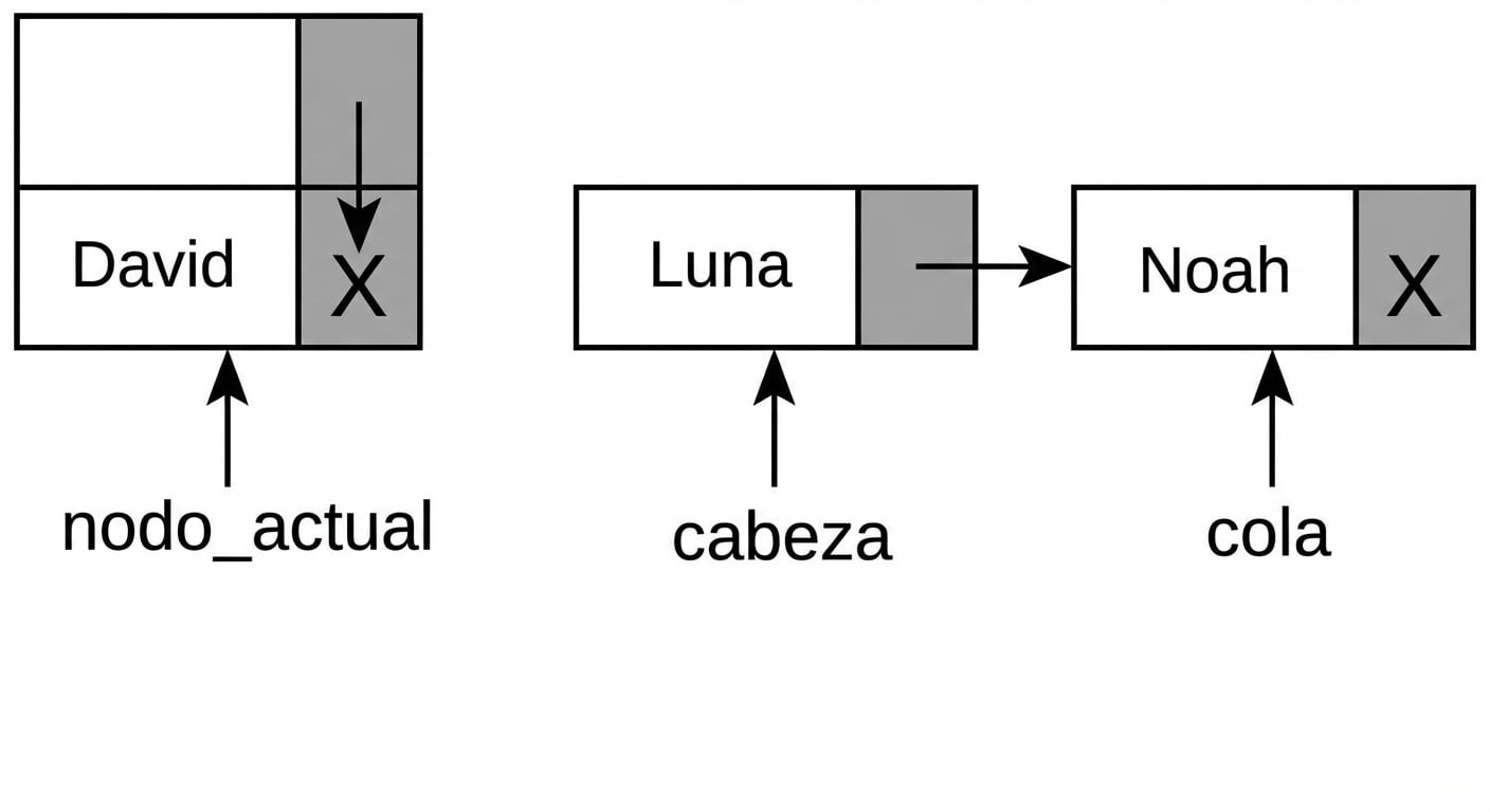 Representación esquemática de una cola con dos elementos. La palabra "head" señala al primer nodo y "tail" al último. Hay otro nodo fuera de la cola con la palabra "current_node" señalándolo.