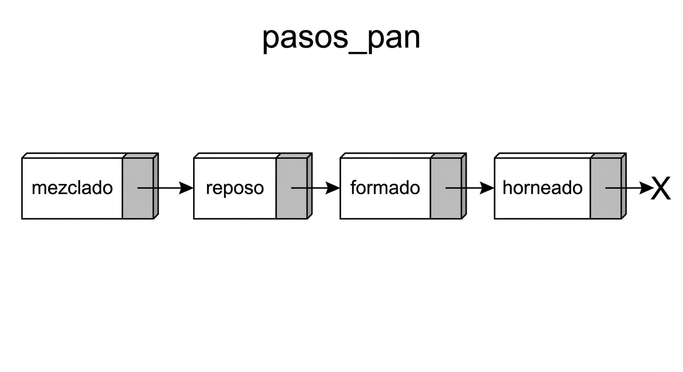 Un ejemplo visual de una lista enlazada que contiene los pasos para preparar pan.