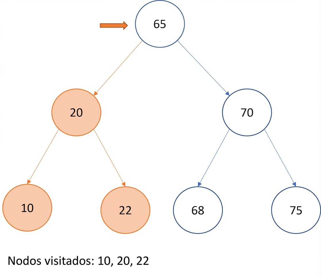 Representación gráfica del recorrido in-order en un árbol binario de búsqueda.