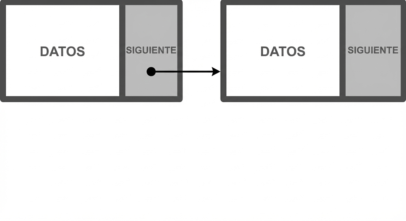 La representación de dos nodos de una lista enlazada conectados con un enlace.