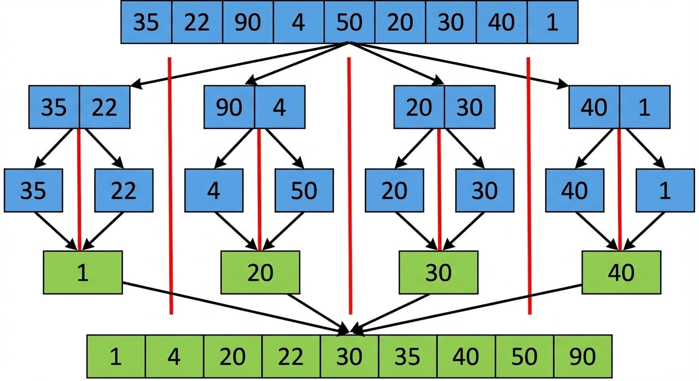Representación esquemática de una lista con números desordenados. Los elementos de las últimas listas divididas se han ordenado.
