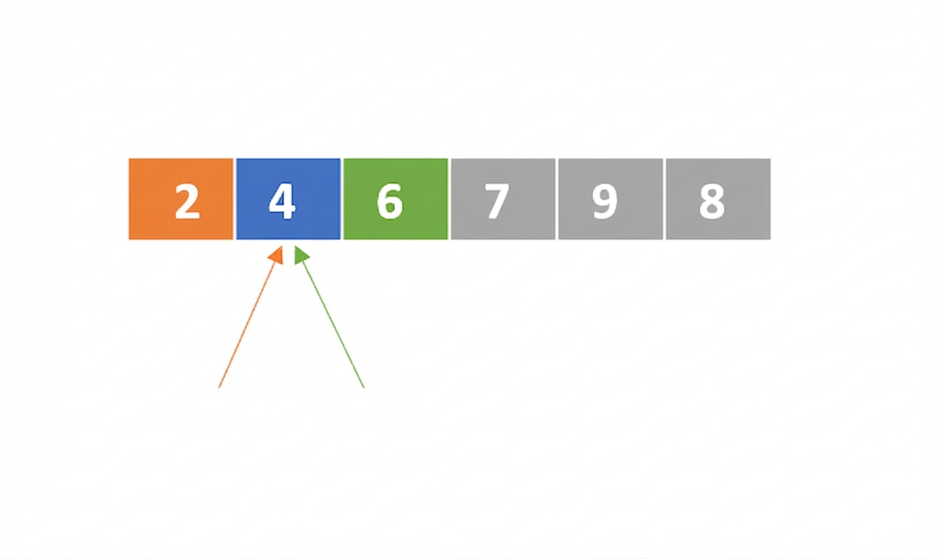 Esquema de una lista con números desordenados. El primer elemento está en azul, el segundo en naranja y el tercero en verde. Los punteros izquierdo y derecho apuntan al segundo elemento. El primer y el segundo elementos han sido intercambiados.