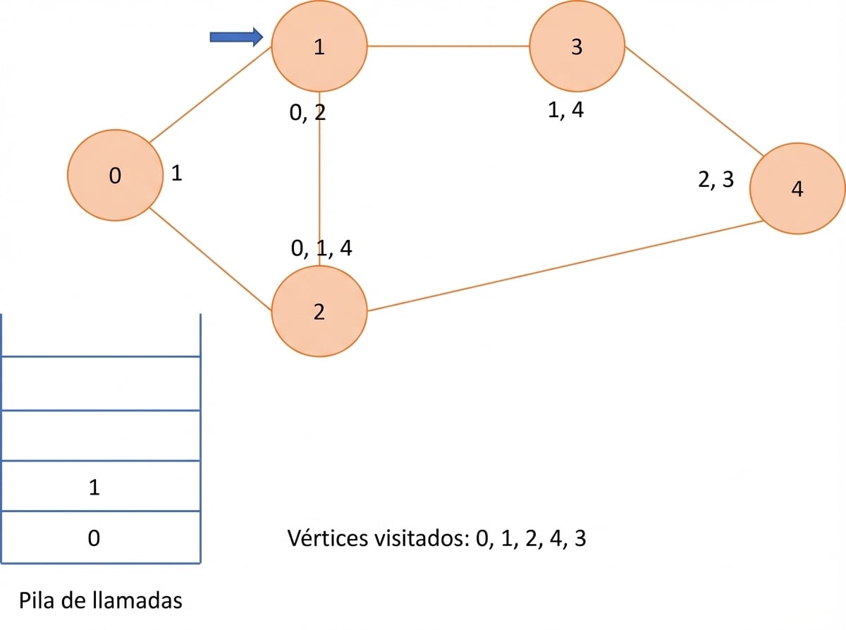 Representación gráfica de la búsqueda en profundidad en un grafo.