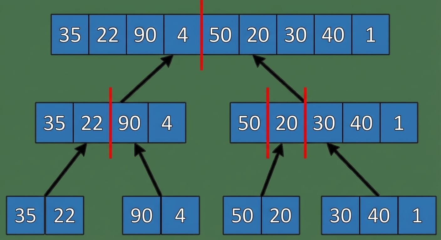 Representación esquemática de una lista con números desordenados. Hay listas nuevas con las divisiones de las últimas listas divididas.