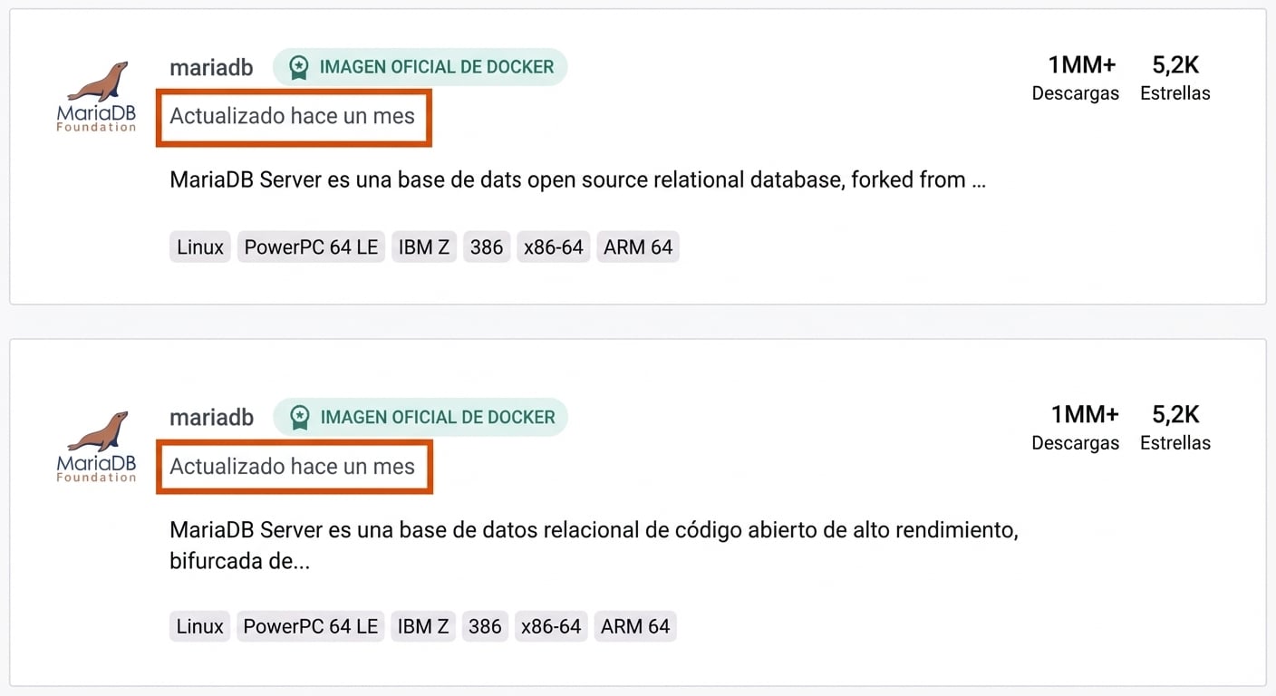 La también muy popular imagen de MariaDB se actualizó hace más de un mes.