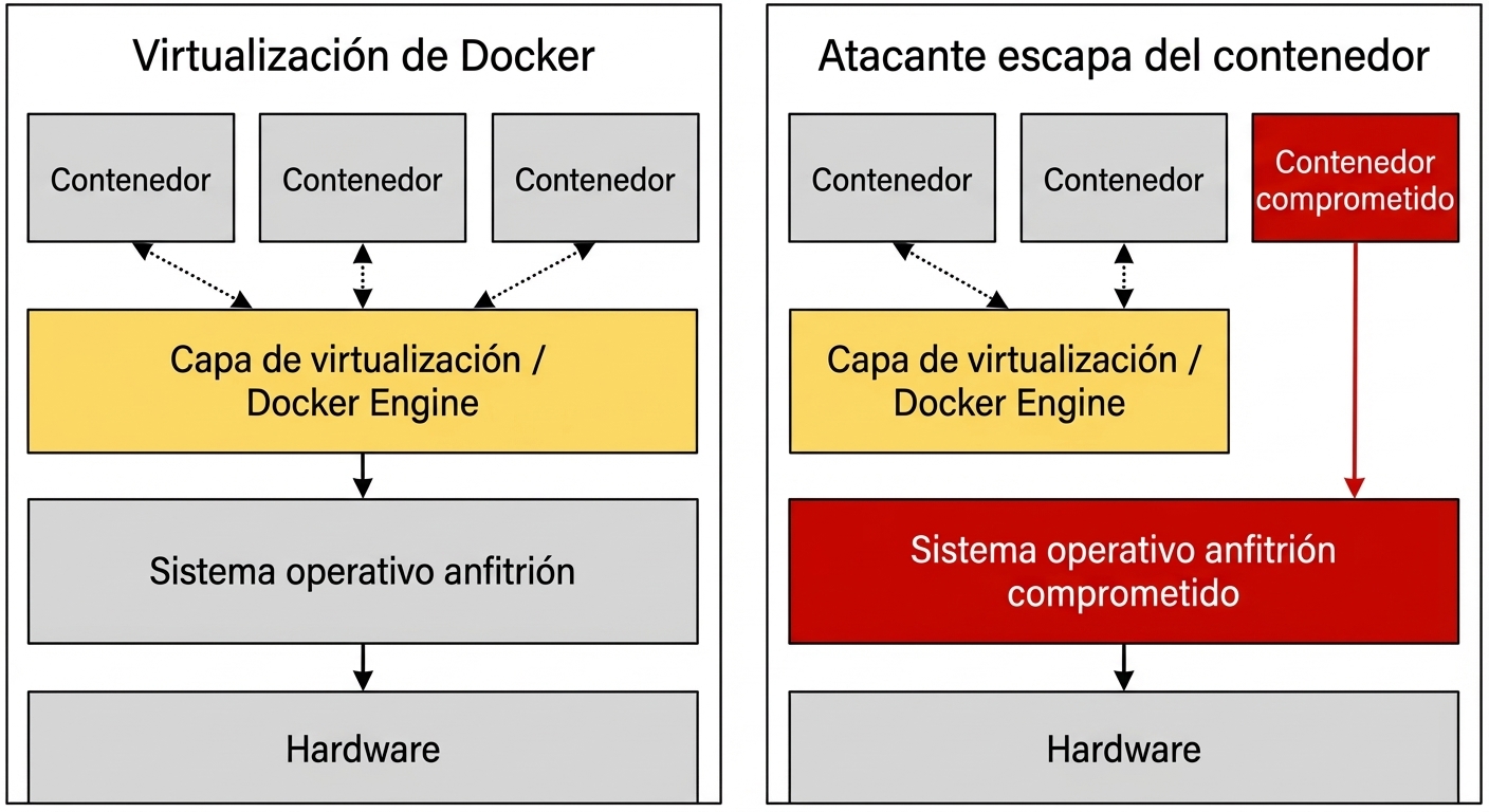 Un contenedor comprometido puede acceder al host si rompe la capa de virtualización.