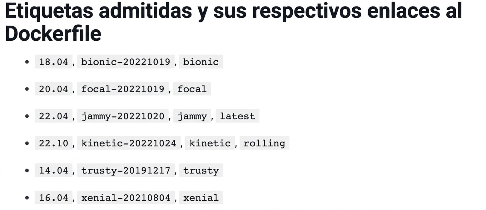 Las imágenes de Docker tienen muchas versiones o tags; este ejemplo muestra 6 versiones de la imagen de ubuntu. Por ejemplo, 18.04 también tiene el tag bionic.